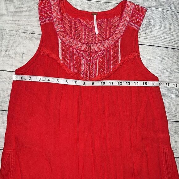 Free People City Limits Dress Red Embroidered Sleeveless Pockets sz S Small Boho - Picture 8 of 10